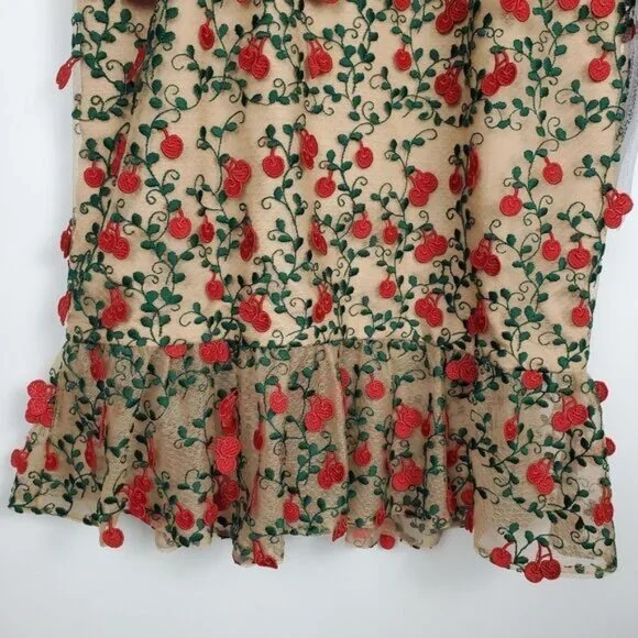 Dress the Population Kaya dress Cherry Embroidered Mini Dress Rouge Flutter Hem - Picture 6 of 12